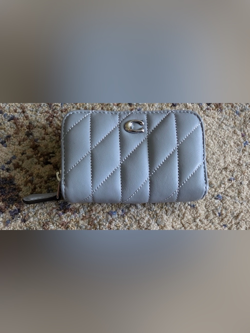 Coach Quilted Leather Zip Around Card Case Wallet in Grey Blue